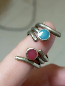 Vtg Old Pawn Sterling Turquoise+Coral Inlay Bypass Modernist Ring Southwest Sz 7 - Picture 1 of 7