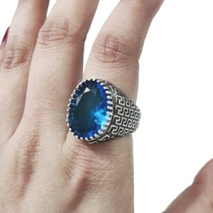 NATURAL SWISS BLUE TOPAZ 925 SILVER DEC BIRTHSTONE ARABIC DESIGN SIGNET MEN RING - Picture 1 of 8