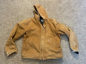 Carhartt hellbraune Canvas Herren Fleece gefütterte Jacke RN #14806 Kapuze durchgehender Reißverschluss Large - Bild 1 von 11