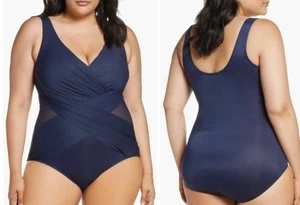 Traje de baño Miraclesuit 16W de una pieza azul marino envolvente ilusionista cruzado NUEVO $184 - Imagen 1 de 4