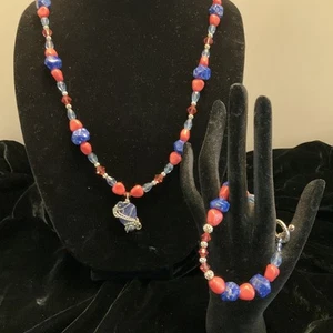 2 PIECE SET LAPIS, GLASS, CRYSTAL BEADED PENDANT NECKLACE AND BRACELET 22” - Picture 1 of 10