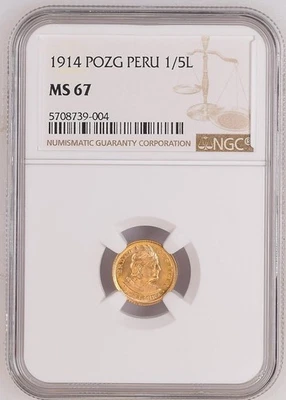 1914 POZG Peru GOLD 1/5 Libra, KM# 210, 25,000 mintage, NGC MS 67 TOP POP!! - Image 1 of 4