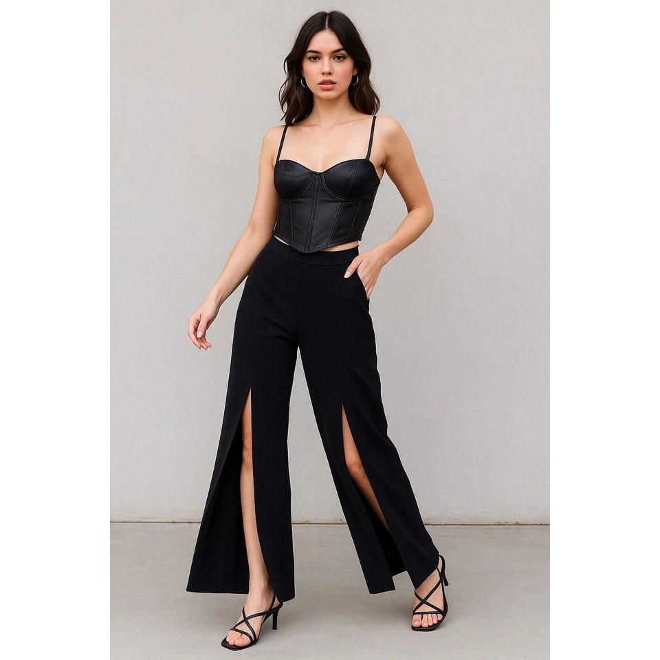 Elie Tahari 宽腿前开衩长裤黑色流动尺寸 4 开衩腿裤 — 第 1/4 张图片