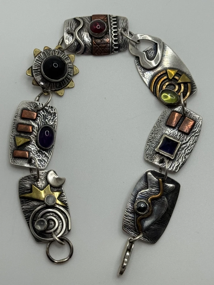 Brazalete artesanal de eslabones geométricos de múltiples piedras preciosas de metal mezclado de plata de ley Foto 1 de 4