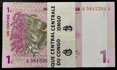 Congo DR. 1 CENTAVO P-80 1997 x 100 Piezas Lote Paquete Zaire Paquete Congoleño BILLETE DE BANCO Foto 1 de 4