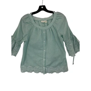 Westbound Striped Eyelet Women Blouse Peasant Top 3/4 Sleeve Green White PS - Picture 1 of 8