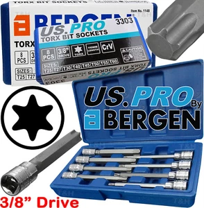 BERGEN Extra Long Star Torx Bit Socket Set 3/8"Dr 8pc T25 T27 T30 T40 T50 T55T60 - Picture 1 of 9