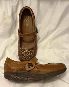 Skechers Shape-ups Tan Leather Stitched Embellished Mary Jane Toning Walking... - Picture 1 of 11