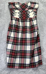 Womens Size 4 Mini Dress Strapless Red Black Plaid Wool Silk Academia Preppy Ivy - Picture 1 of 12