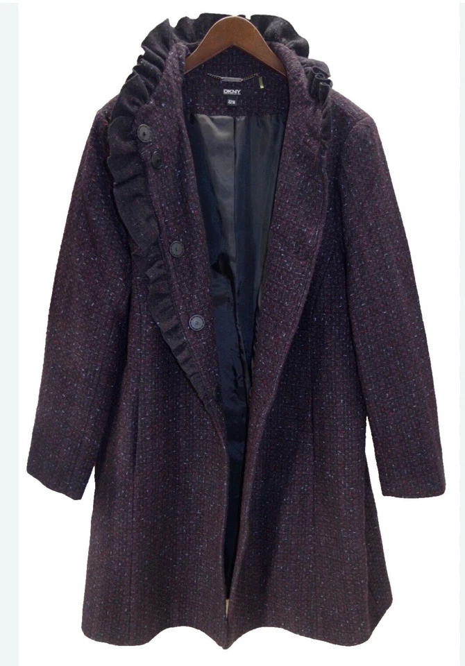 DKNY Women's Ruffle Front Wool Blend Coat In Cabernet Size 16W - Image 1 of 4