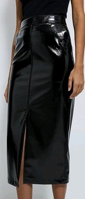 SIZE 16 BLACK PU LEATHERETTE FRONT SLIT MIDI SKIRT by GEORGE  - Image 1 of 4