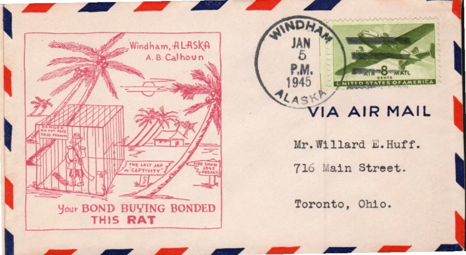 Segunda Guerra Mundial "Your Bond Buying Bonded This Rat" 5 de enero 1945 Windham Ak Cachet Foto 1 de 1