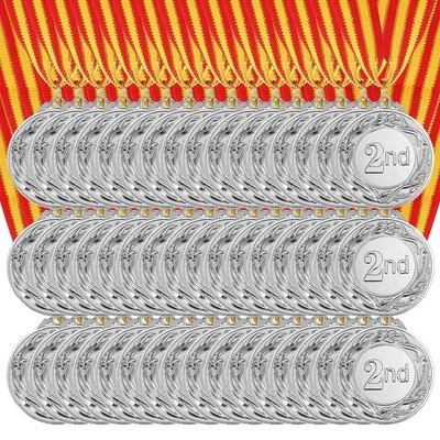 48 Pieces Silver Prizes Award Medals Metal 2ed Place with Neck Ribbon Foto 1 de 4