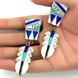 Vintage Native American Turquoise Multi-Inlay, Sterling Silver Dangle Earrings - Picture 1 of 8