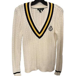 Ralph Lauren Women’s Cable-Knit V-Neck Sweater White Navy/yellow Trim Sz M - Picture 1 of 15