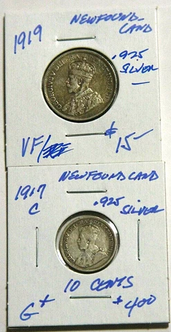 Lot (2) 1917C 10 cents - 1919C NEWFOUNDLAND - 25 cents- ,9250 Silver Cover