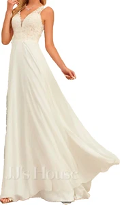 JJs House Wedding Dress IVORY Aline V-Neck Sweep Train Lace Chiffon Size 18W - Picture 1 of 8