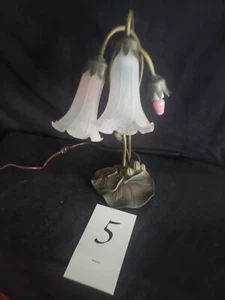 Vintage Tiffany Style Lily Pad Table Lamp 3 Arm Pink Frosted Glass Tulip Shades - Picture 1 of 7