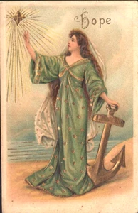 1907 HOPE    Maiden w/ Anchor Star Religious GILDED Embossed Postcard - Picture 1 of 2
