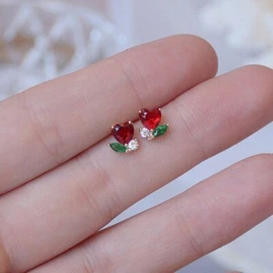 Shiny Ruby, Emerald & Natural Real Diamond Heart Stud Earrings In 10K Rose Gold - Picture 1 of 5
