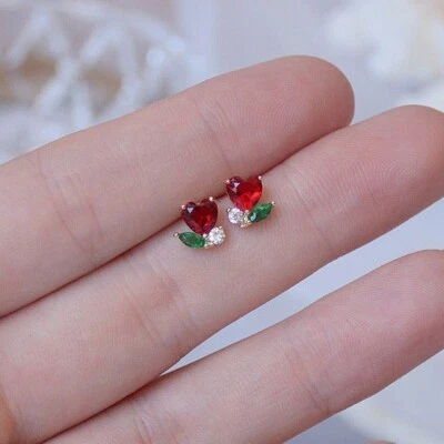 Tiny Simulated Ruby, Emerald & Moissanite Heart Stud Earrings In 10K Rose Gold - Image 1 of 3