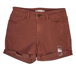 SO Burgundy Cuffed Denim Jean Midi Shorts SZ 0/24W Pockets Stretch NEW Low Rise - Picture 1 of 10