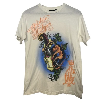 Christian Audigier Y2K футболка череп кинжал логотип белый тату искусства гранж M - Изображение 1 из 4