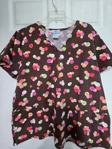 SB Scrubs Scrub Top Size 2X-Brown/Pastel Polk-a-Dot V-Neck-Chest 28"/L 27.5" - Picture 1 of 5