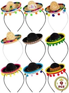 9 Pieces Mini Sombrero Headbands with Ball Fringe, Fabric Fiesta Costume Acce... - Picture 1 of 7