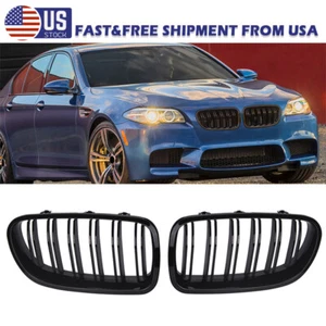 Gloss Black 2 Lines Front Kidney Grille For BMW F10 528i 535i 550i M5 2010~2016 - Picture 1 of 10