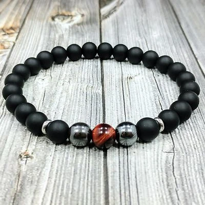 8"L STAINLESS STEEL 8mm Red Tigers Eye+Onyx+Hematite Gemstone Beaded Bracelet - Image 1 of 4