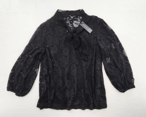 Cable & Gauge Damen Größe Large schwarz Spitze Langarm hochgeschlossen Bluse zum Binden - Bild 1 von 6