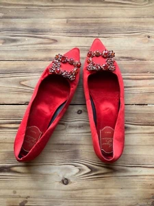 Roger Vivier Red Flower Strass Buckle Ballerinas Satin New In Size 38 EU|7.5 US| - Picture 1 of 8