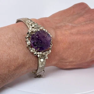 RAW NATURAL AMETHYST silver BANGLE Modernist 70s Unisex Amethyst Bracelet 925 - Bild 1 von 8