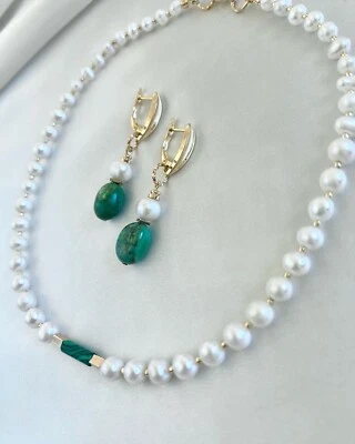 Juego de collar de perlas naturales de malaquita enchapados en oro de 18 quilates oro blanco verde Foto 1 de 4