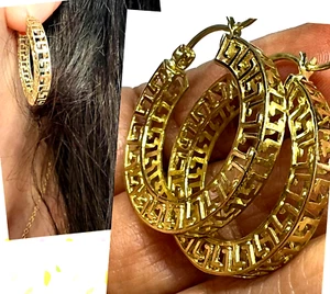 GOLd hoop earrings versace greek key round 10k gift her 3.5mm 27mm 1.10” - Picture 1 of 12