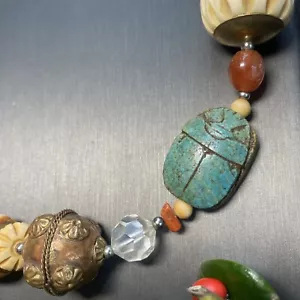 Vintage Scarab Necklace Egyptian Estate Jewelry Pre-Owned Statement OOAK Beads - Picture 1 of 19