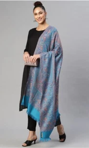 Embroidered Paisley Women Shawl 80"x40" Jamwar Meditation Wool Striped Blanket - Picture 1 of 2