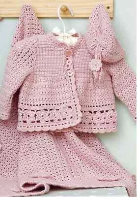 0600 Crochet Baby Girls Jacket Hat & Blanket 0-18mths DK - Vintage Pattern Copy - Image 1 of 2