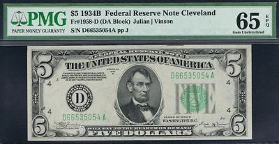 $5 1934B Cleveland. Fr. 1958-D. TOUGH SERIES NOTE. PMG 65 EPQ - Image 1 of 2