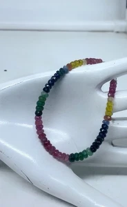Multi Sapphire Bracelet 7” Round Faceted Gemstones Sterling Silver Jewelry - Picture 1 of 6