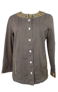 quacker factory Womens Small Brown Beaded Cotton Blend Denim Long Sleeve Jacket - Picture 1 of 9