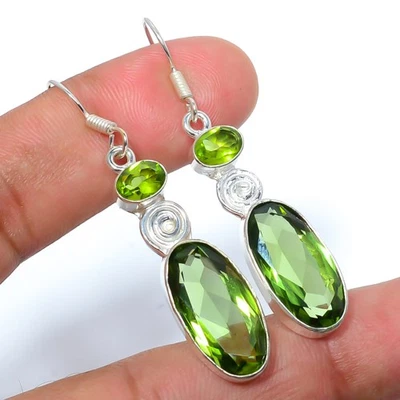 Green Amethyst & Peridot Silver Plated Earring 1.95" E1508-3, Christmas Gift - Image 1 of 3