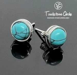 Turquoise Stud Earrings 7mm Diameter 925 Sterling Silver Genuine Cabochon Stone - Picture 1 of 9