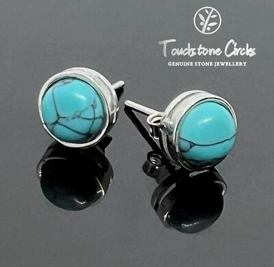 Turquoise Stud Earrings 7mm Diameter 925 Sterling Silver Genuine Cabochon Stone - Image 1 of 4
