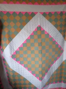 Vintage Quilt fein handgenäht 81"x84" grün/rosa/gold Bauernhaus Grannycore - Bild 1 von 12