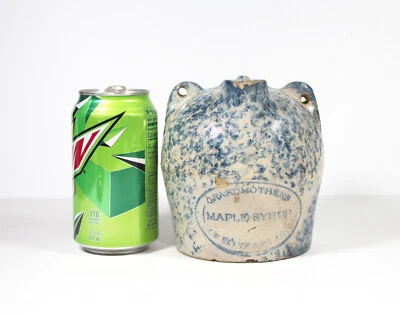 Antique BLUE & WHITE SPONGEWARE GRANDMOTHERS MAPLE SYRUP JUG Weeks Akron OH - Image 1 of 4