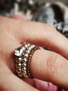 Stunning Beaded Stretch Elastic Stacking Silver Gold Brown Tone Rings Set of 3 - Picture 1 of 6