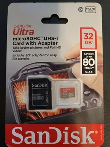 Carte mémoire Sandisk Ultra 32 Go MicroSDHC UHS-I 80 Mo/s NEUVE avec adaptateur - Photo 1 sur 1