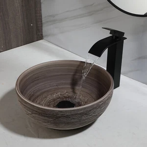 Round Brown Bathroom Vessel Sink 14" Small Ceramic Basin Bowl Black Faucet Drain - Bild 1 von 9